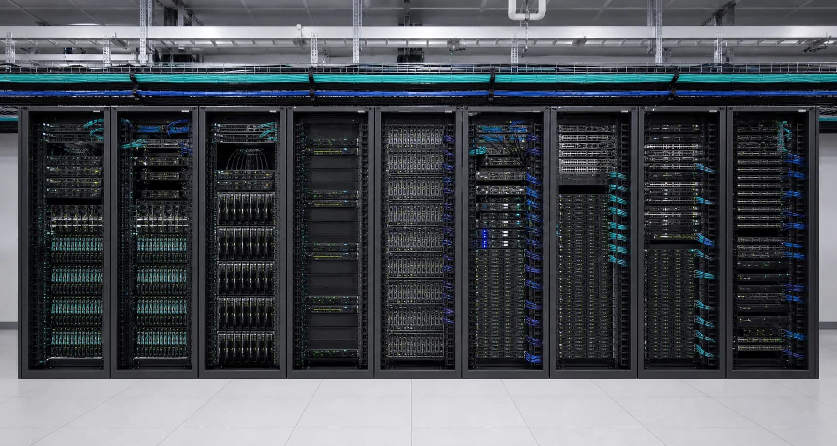 Server racks and network cabling in an AI data center
